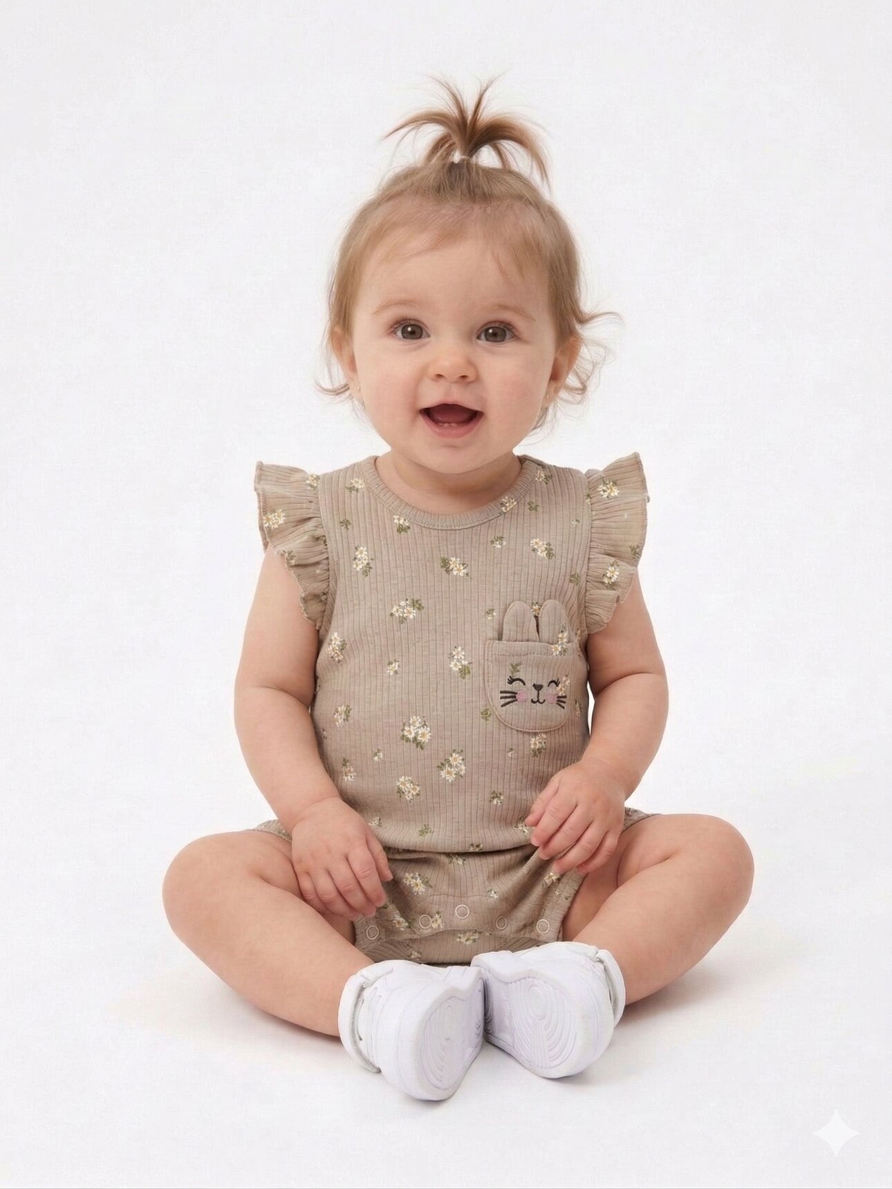 Organik Pamuklu Çiçek Desenli Kedi Kulak Detaylı Kız Bebek Tulum