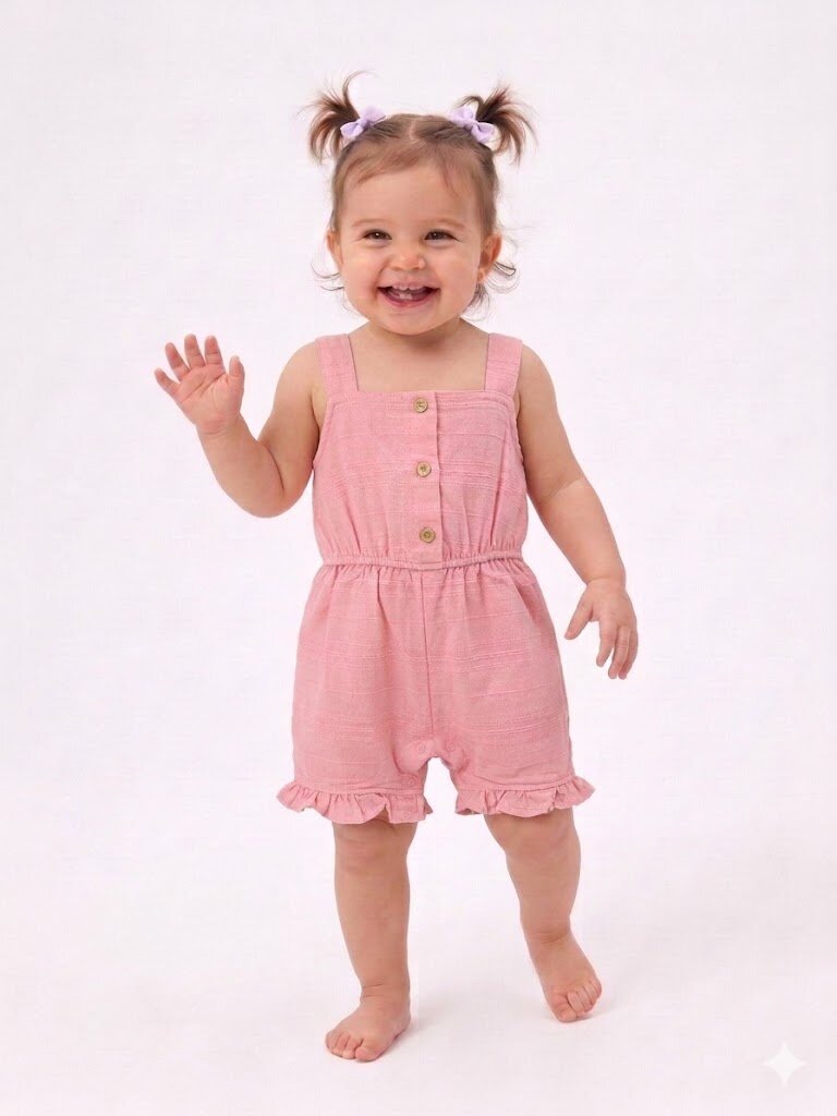 Pamuklu Düğme Detaylı Keten Kız Bebek Tulum
