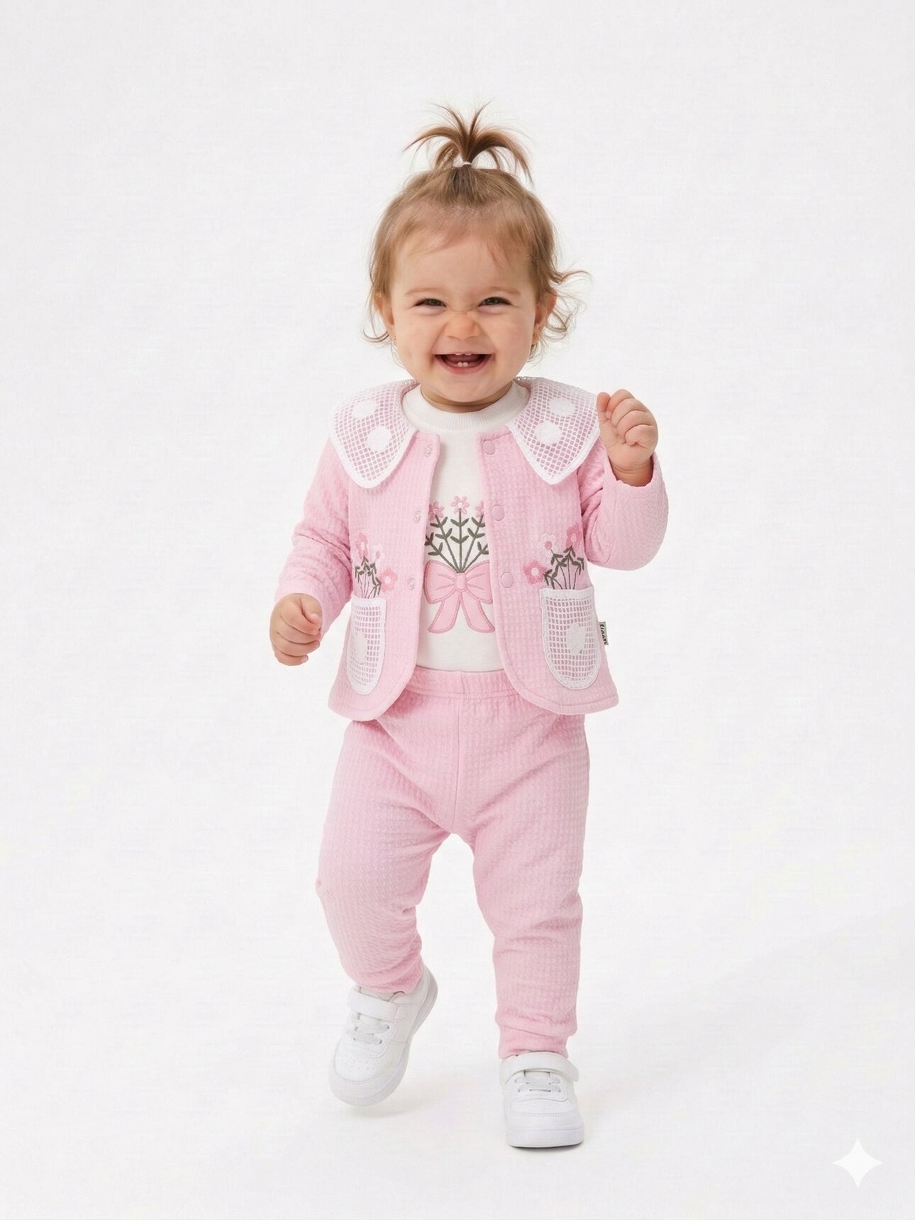 Pamuklu Güpürlü Nakış Çiçek Desenli Kız Bebek 3lü Takım