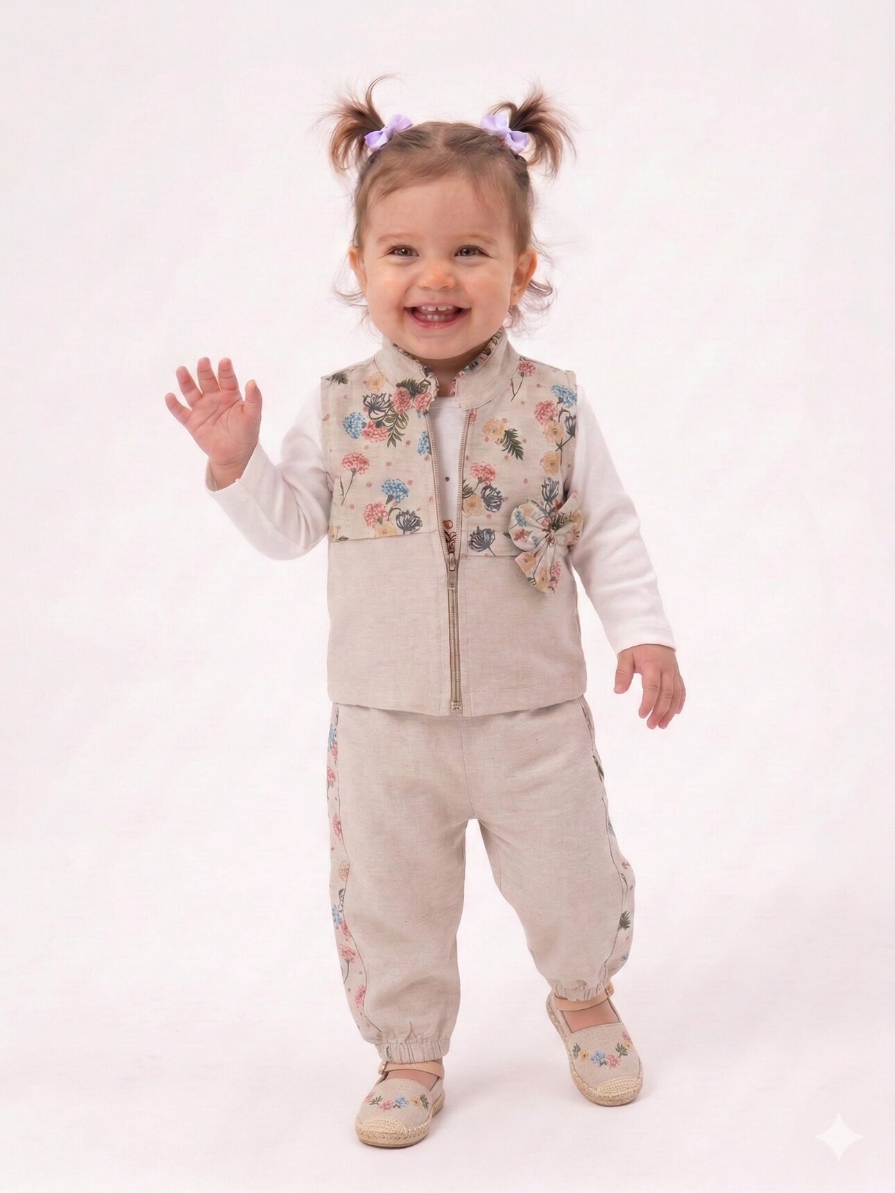 Organik Çiçek Desenli Yelekli Kız Bebek 3lü Takım