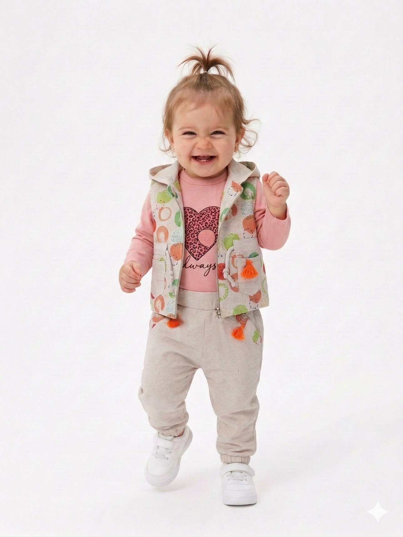 Pamuklu Renkli Desenli Yelekli Kız Bebek 3lü Takım