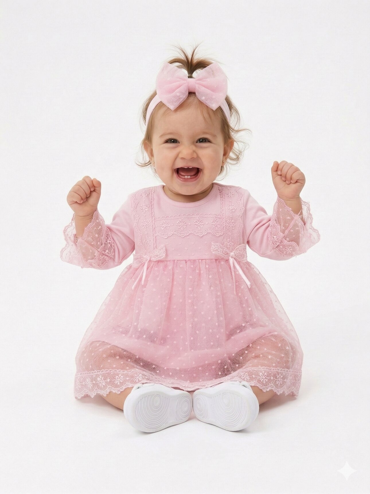 Pamuklu Tül Detaylı Bandanalı 2li  Kız Bebek Elbise