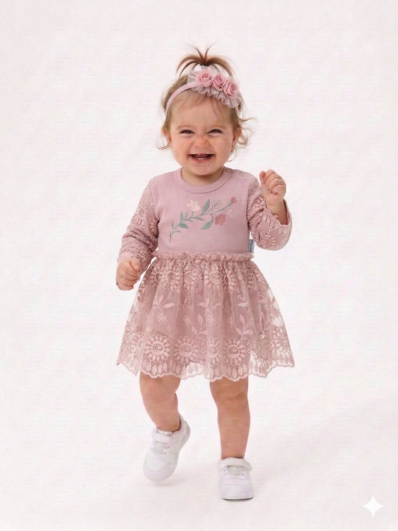 Pamuklu Çiçek Nakışlı  Bandanalı 2li Kız Bebek Elbise