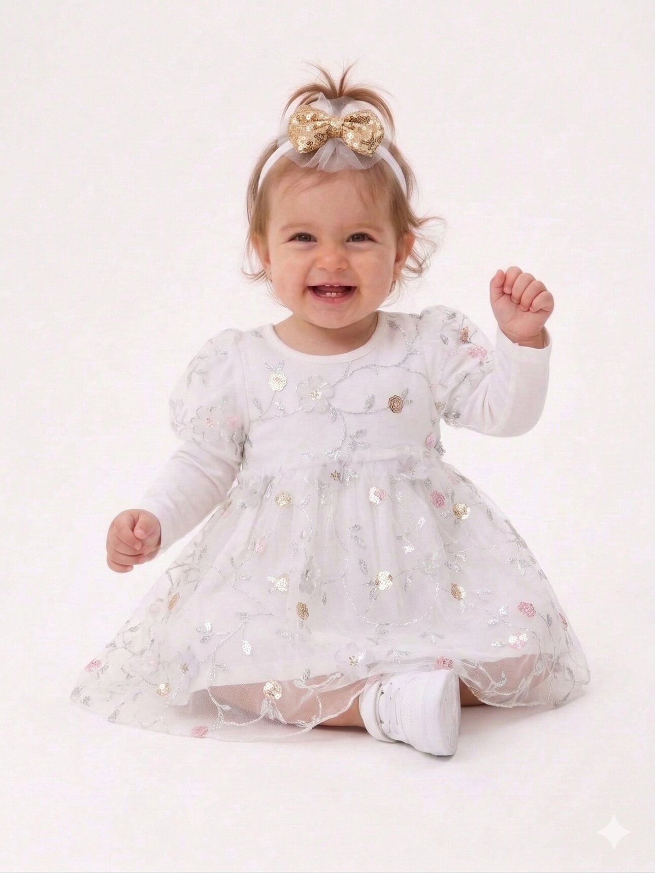 Pamuklu Tül Detaylı Bandanalı  2li Kız Bebek Elbise