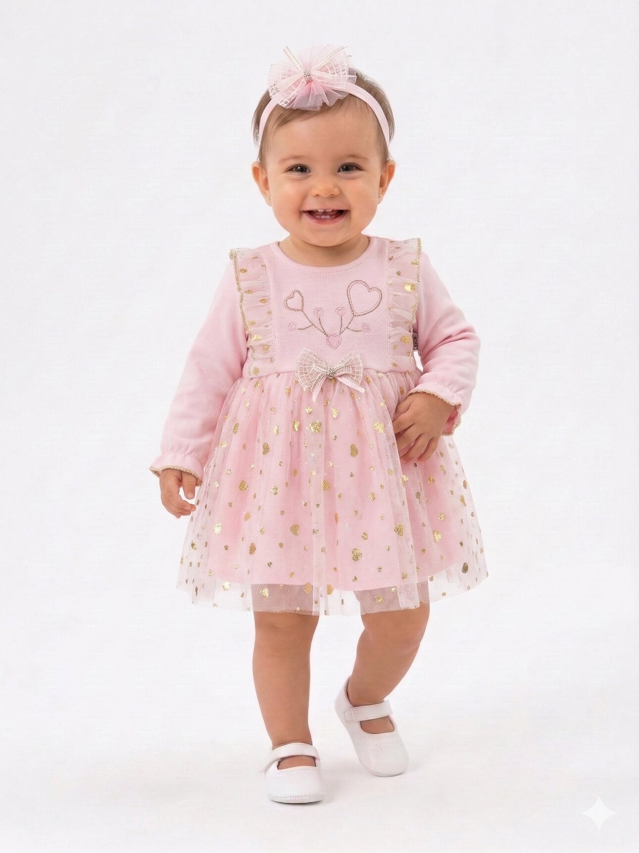 Pamuklu Tül Detaylı Bandanalı 2li  Kız Bebek Elbise