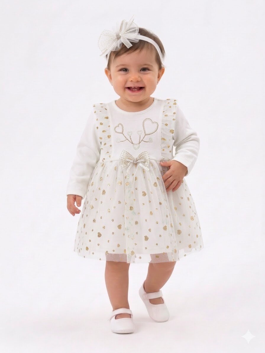 Pamuklu Tül Detaylı Bandanalı 2li Kız Bebek Elbise