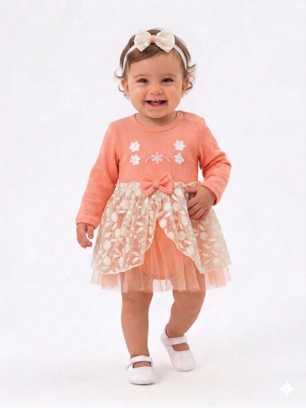 Pamuklu Çiçek işlemeli Tül Detaylı Bandanalı Kız Bebek Elbise