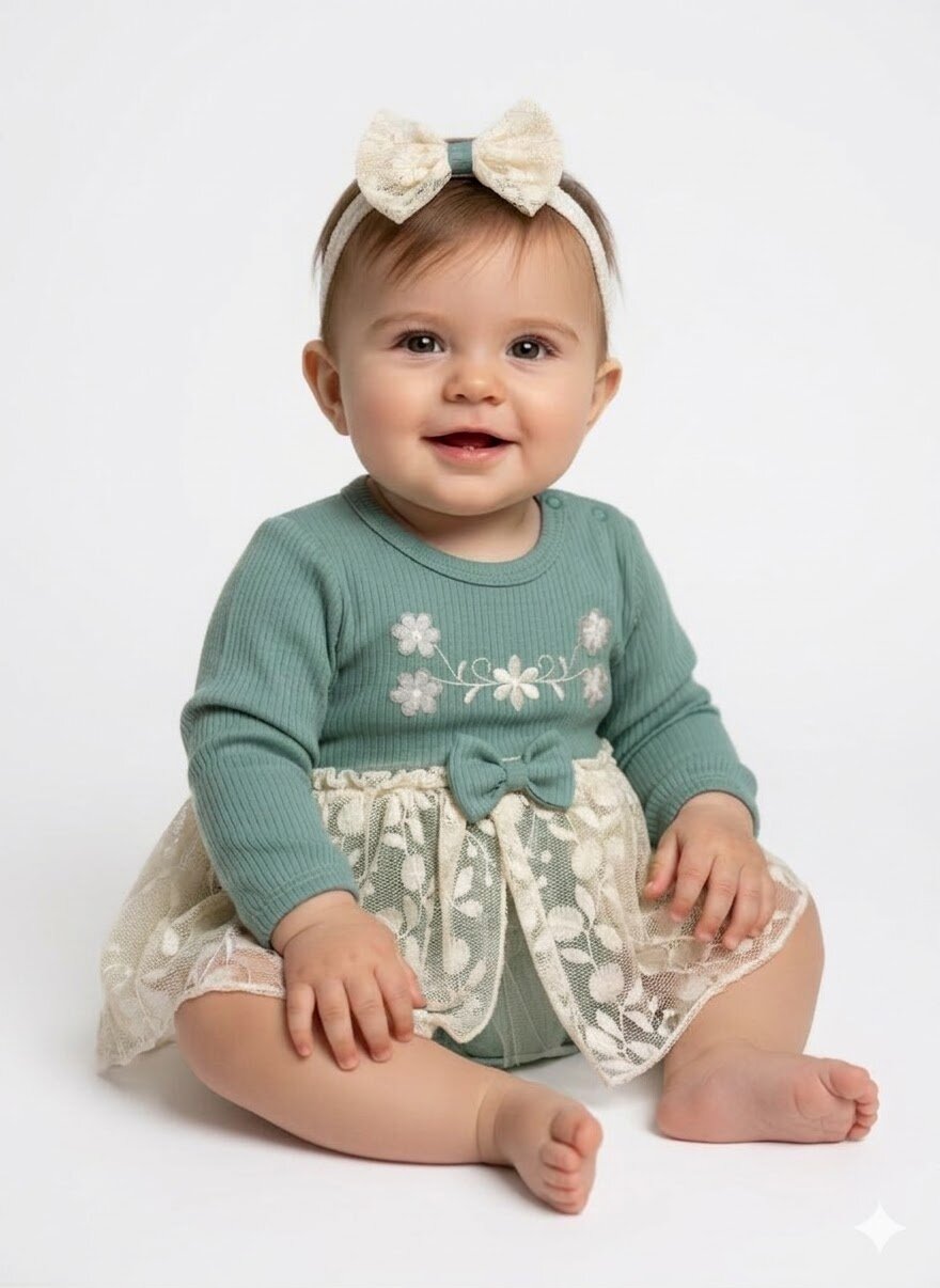 Pamuklu Çiçek işlemeli Tül Detaylı 2li Kız Bebek Elbise