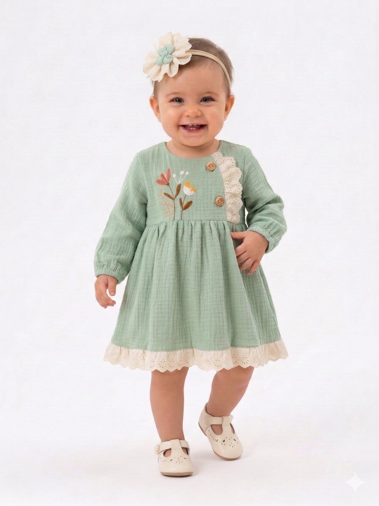 Organik Çiçek Nakışlı Kız Bebek Elbise 2li Takım
