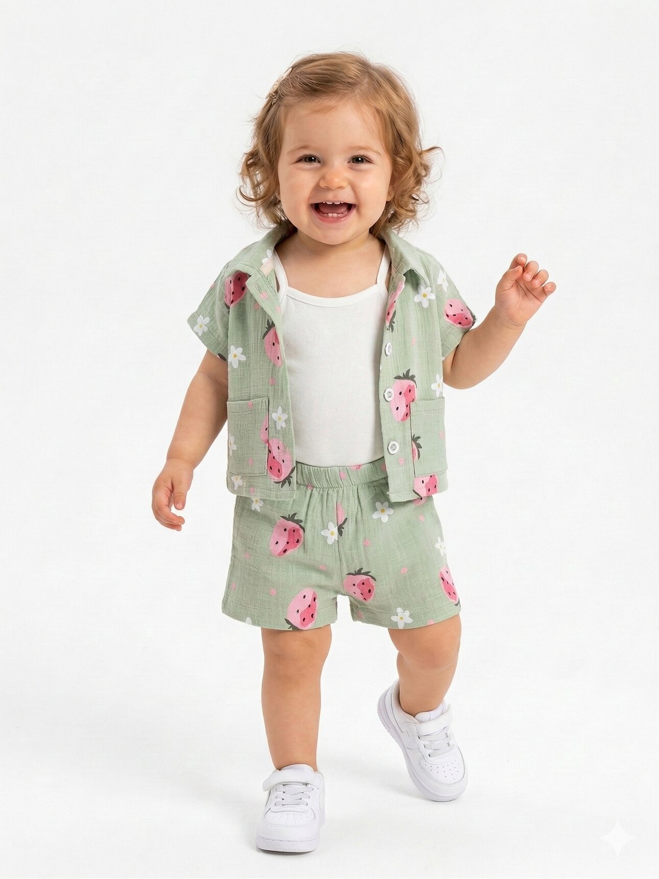 Pamuklu Çilek Detaylı Müslin 3lü Kız Bebek Şortlu  Takım