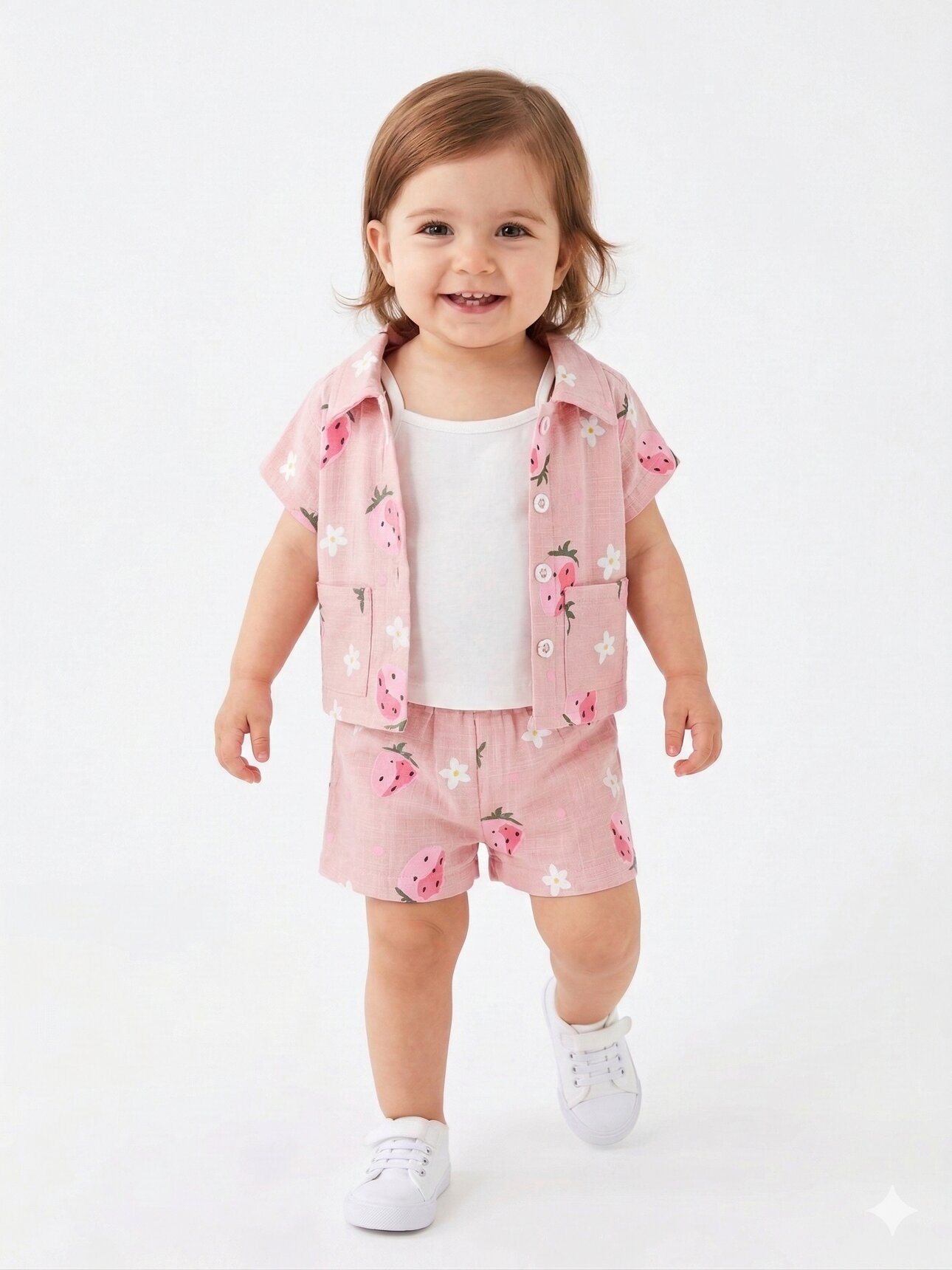 Pamuklu Çilek Desenli Müslin 3lü Kız Bebek Şortlu Takım