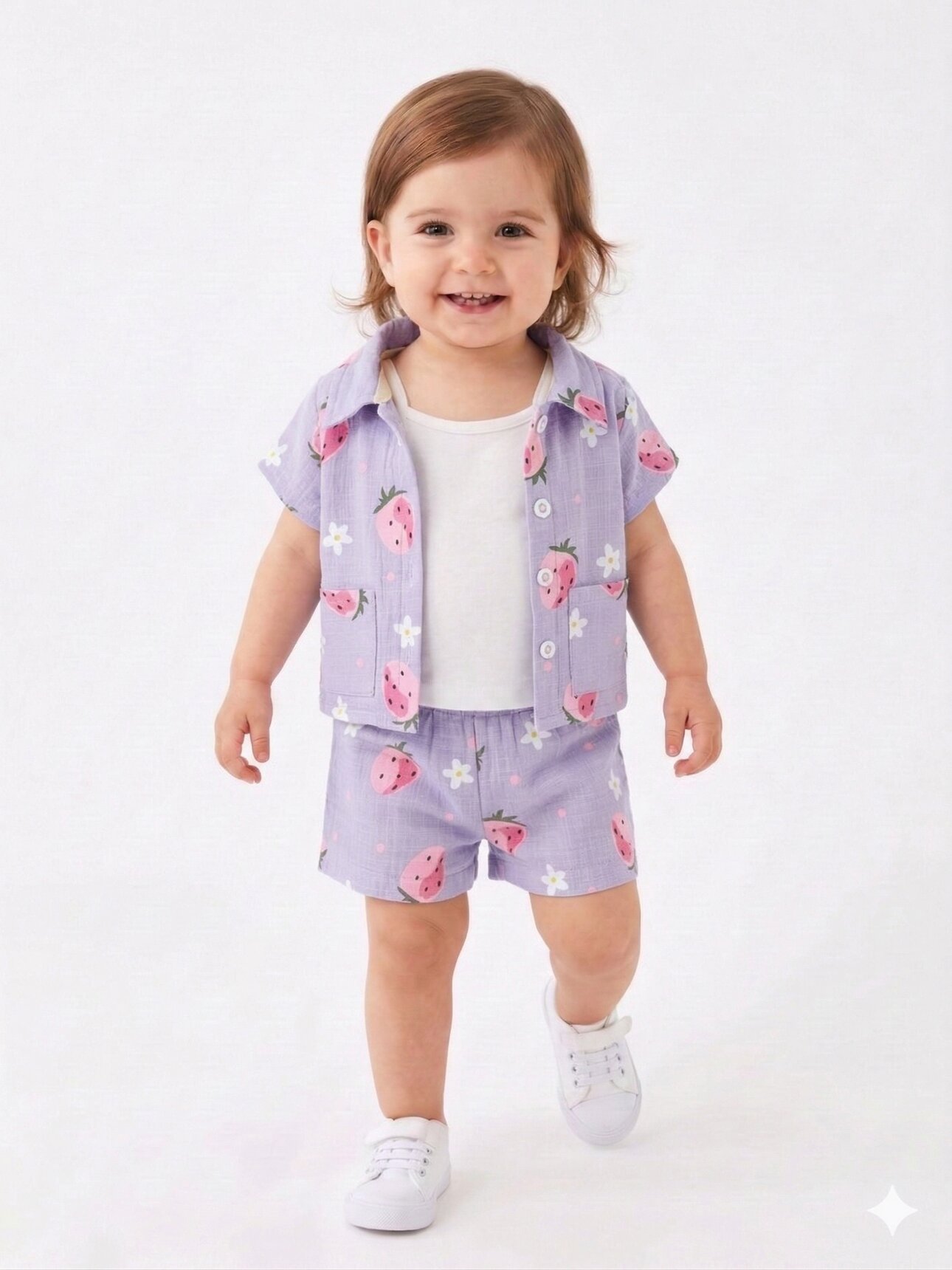 Pamuklu Çilek Desenli Müslin 3lü Kız Bebek Şortlu Takım