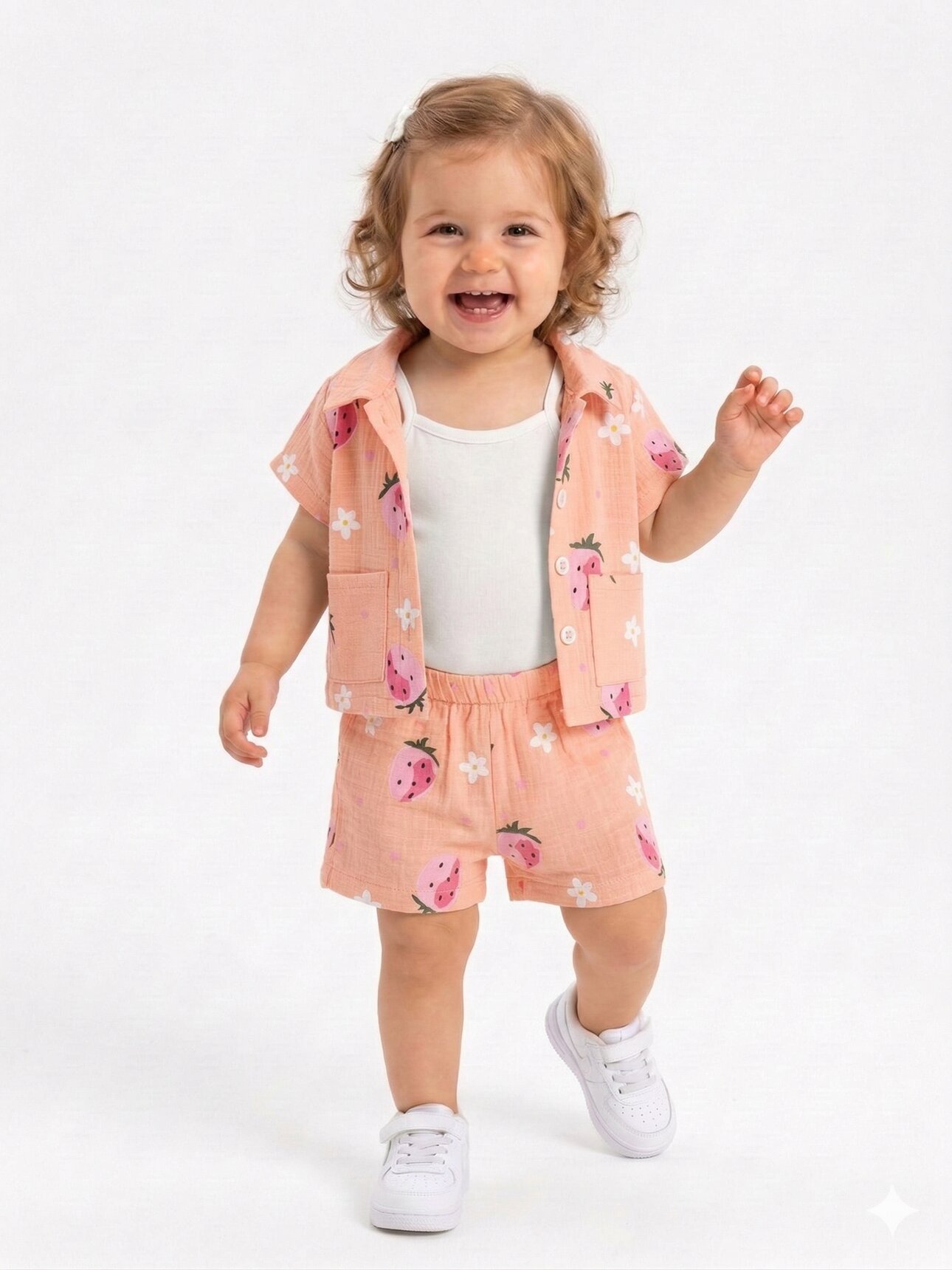 Pamuklu Çilek Desenli Müslin 3lü Kız Bebek  Şortlu Takım