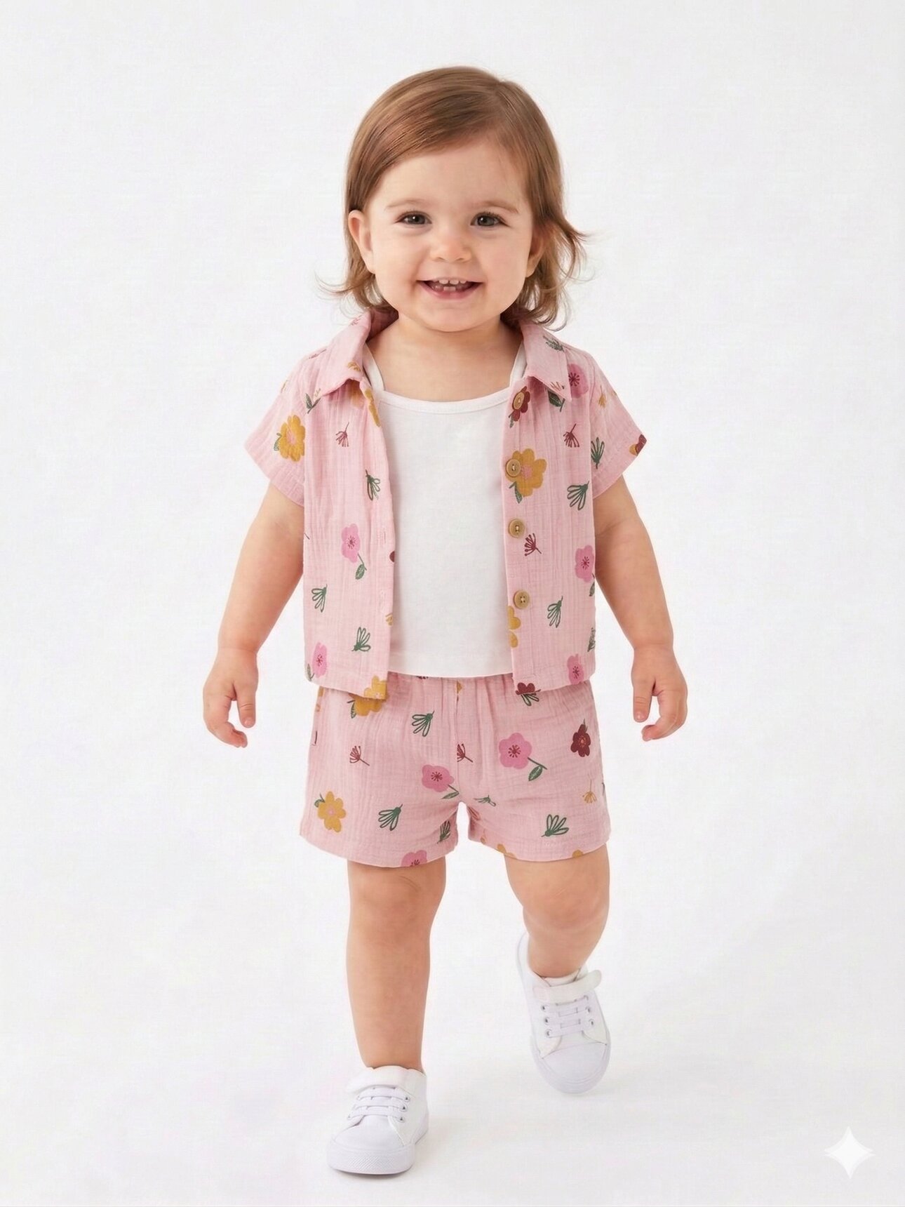 Pamuklu Çiçek Desenli Müslin 3Lü Kız Bebek ŞortluTakım