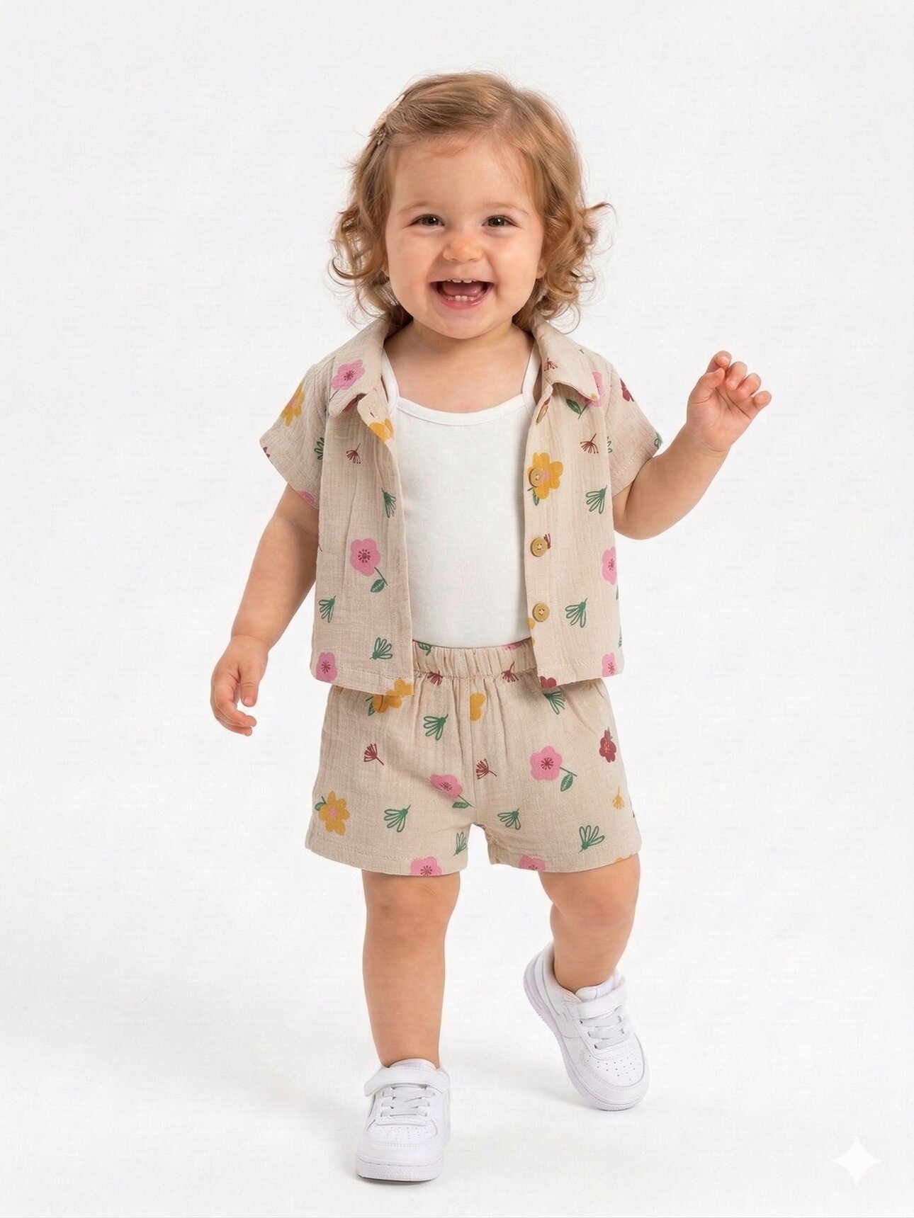 Pamuklu Çiçek Desenli Müslin 3Lü Kız Bebek Şortlu Takım