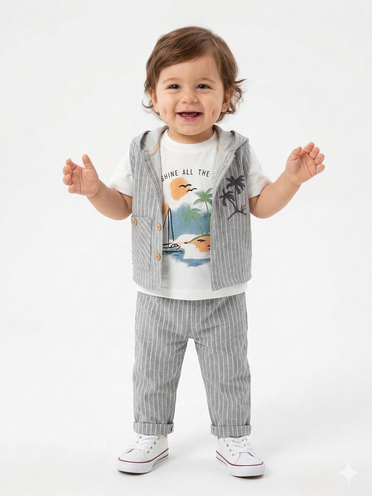 Pamuklu Çizgili Palmiye Detaylı 3lü Erkek Bebek Takım