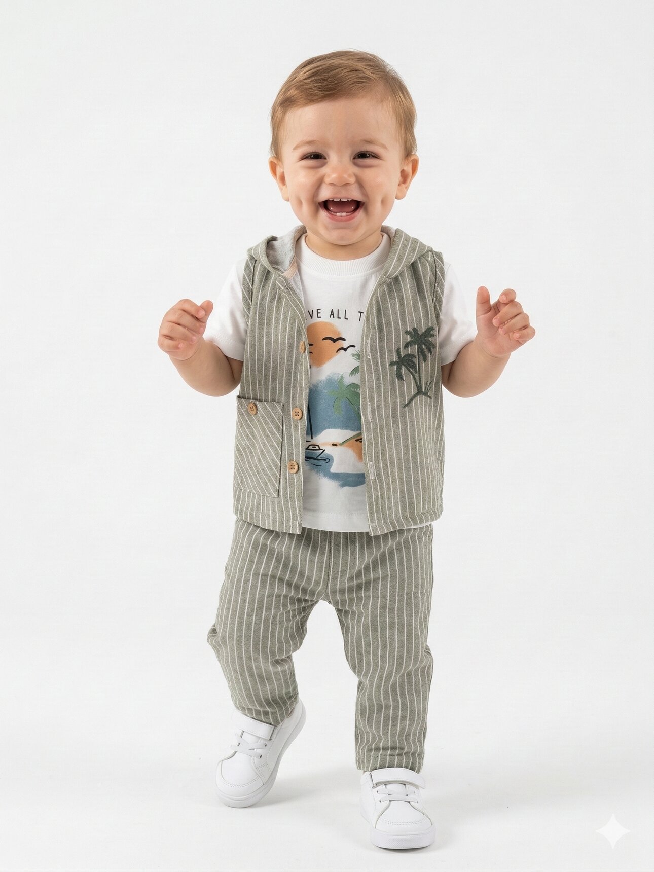 Pamuklu Çizgili Palmiye Detaylı 3lü Erkek Bebek Takım