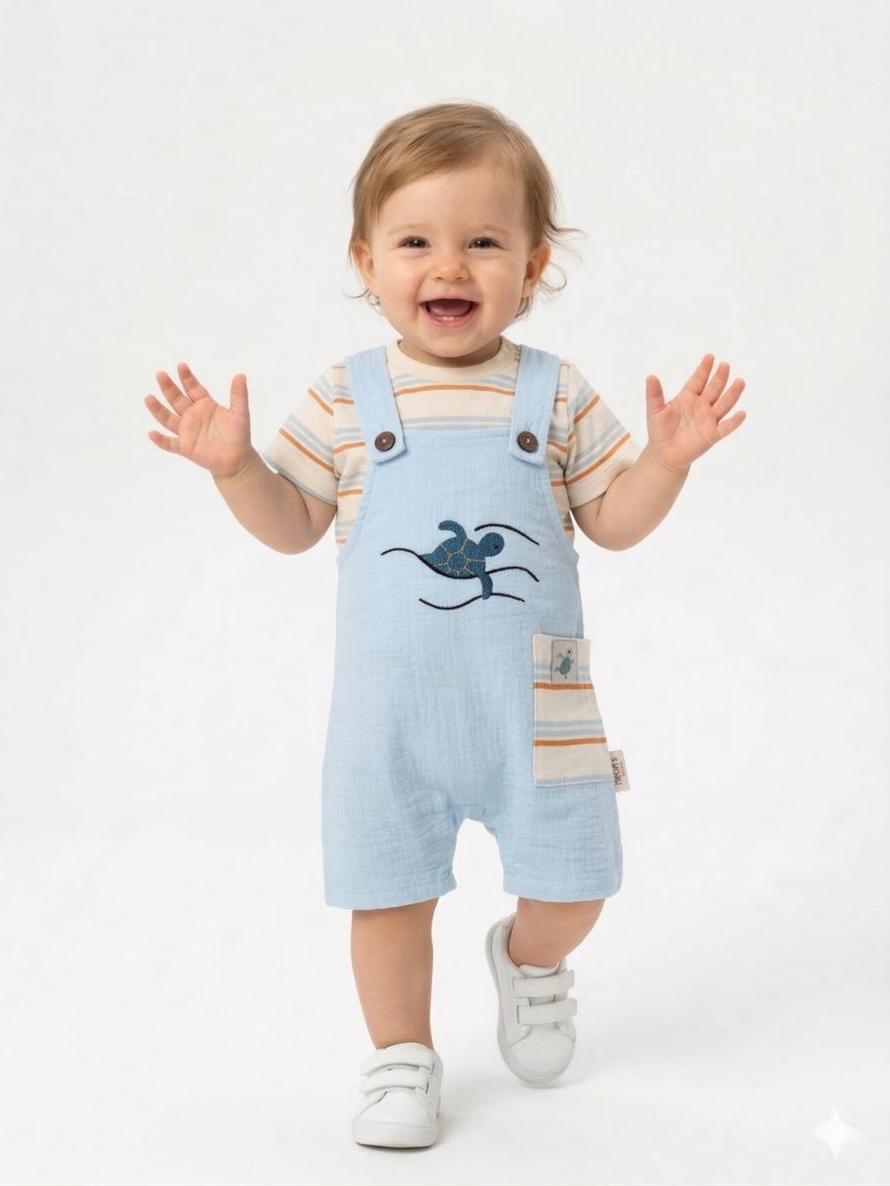 Pamuklu Kaplumbağa Desenli  Müslin 2li Erkek Bebek Tulum Salopet