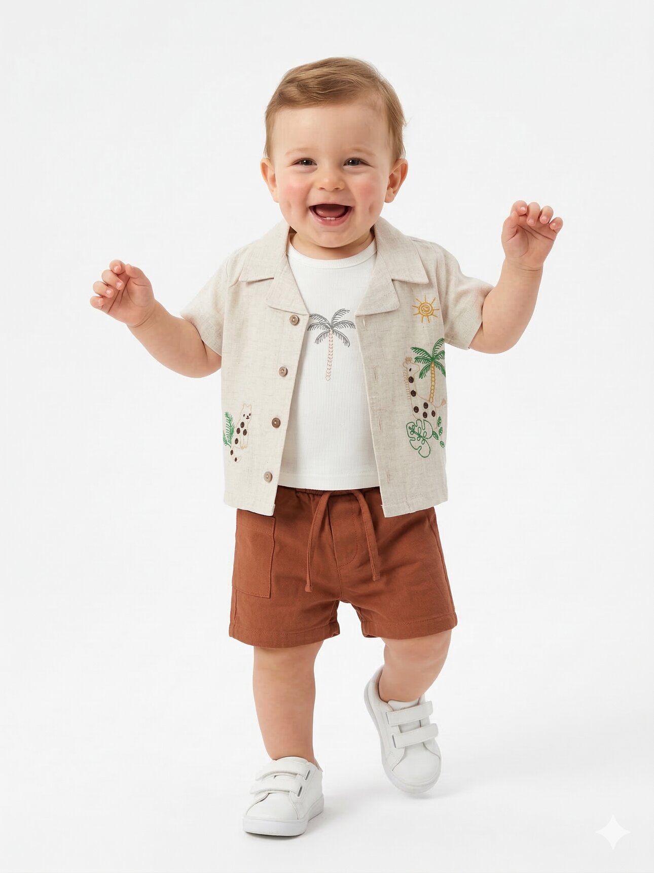 Pamuklu Palmiye Desenli Keten 3lü Erkek Bebek Şortlu Takım