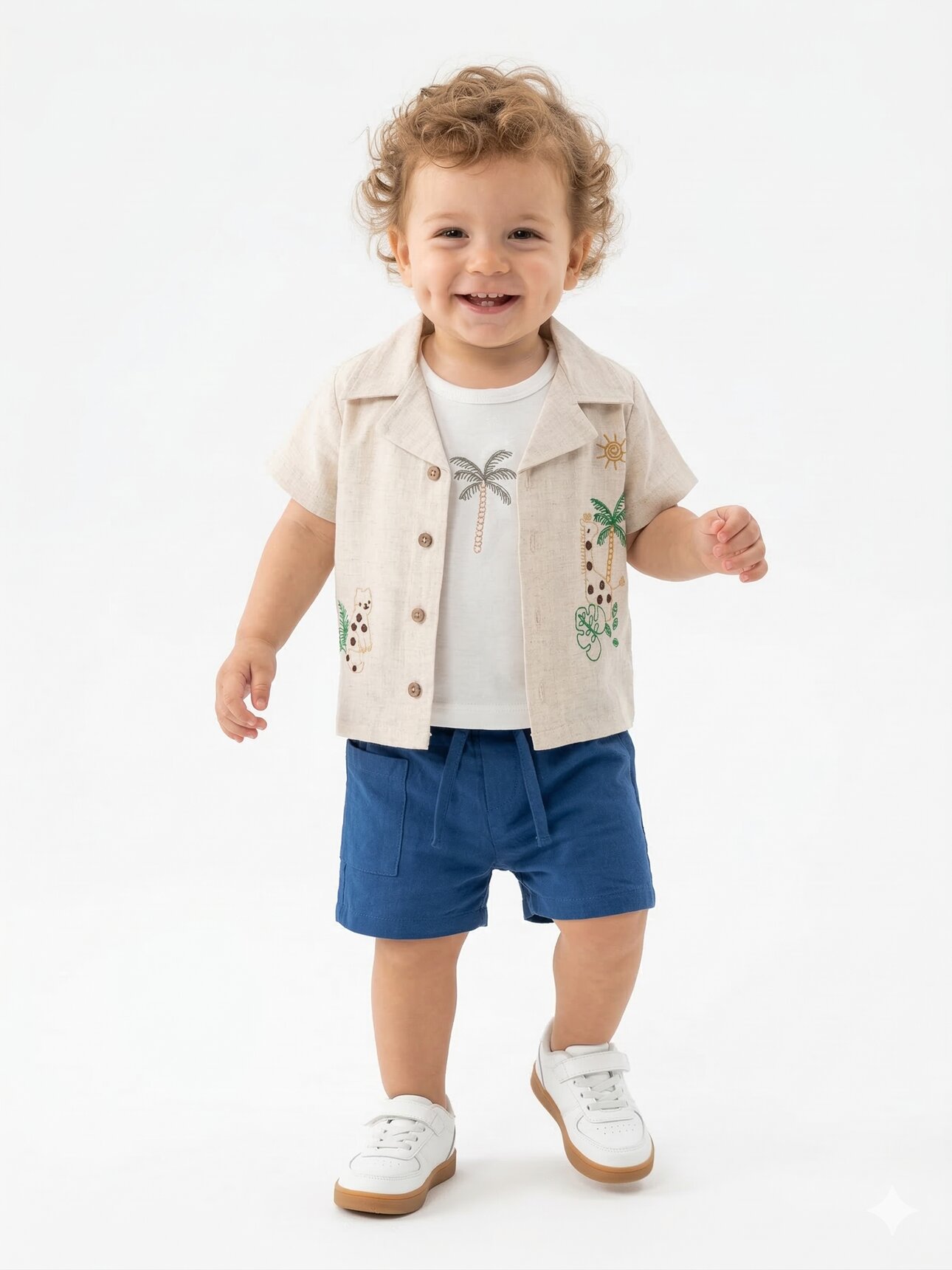 Pamuklu Palmiye Desenli Keten 3lü Erkek Bebek Şortlu Takım