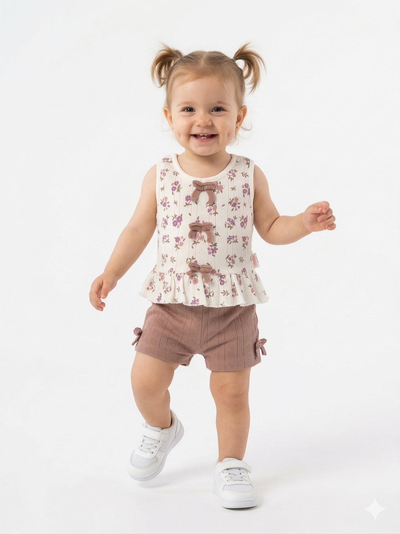 Pamuk Çiçekli  Desenli 2li Kız Bebek Şortlu Takım