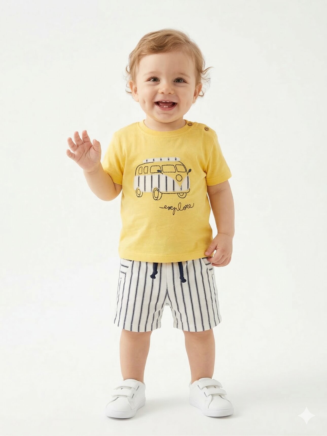 Pamuklu Karavan Detaylı Şeritli Poplin Kumaş Şortlu Erkek Bebek 2li  Takım