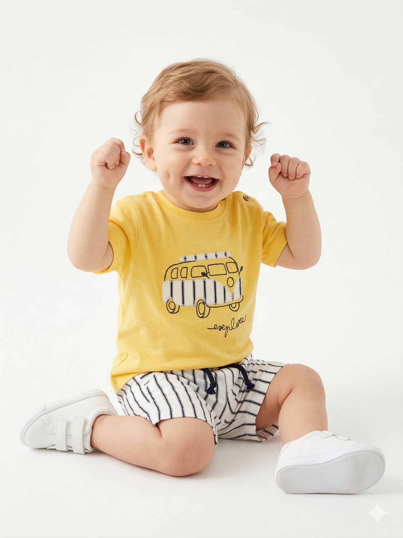 Pamuklu Karavan Detaylı Şeritli Poplin Kumaş Şortlu Erkek Bebek 2li  Takım