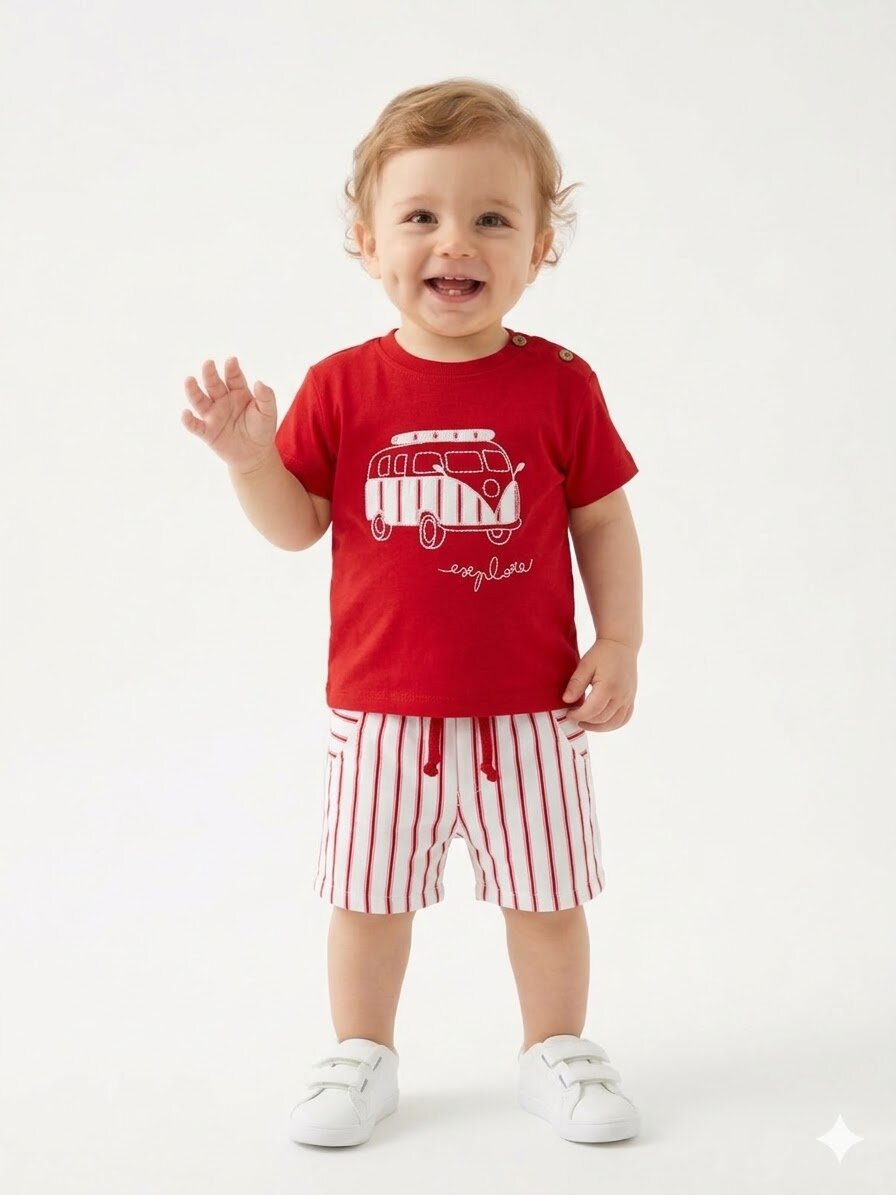 Pamuklu Karavan Detaylı Şeritli Poplin Kumaş Şortlu Erkek Bebek 2li  Takım