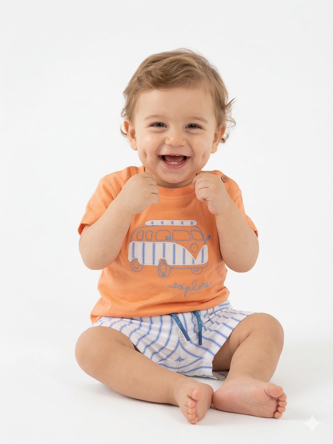Pamuklu Karavan Detaylı Şeritli Poplin Kumaş Şortlu Erkek Bebek 2li Takım