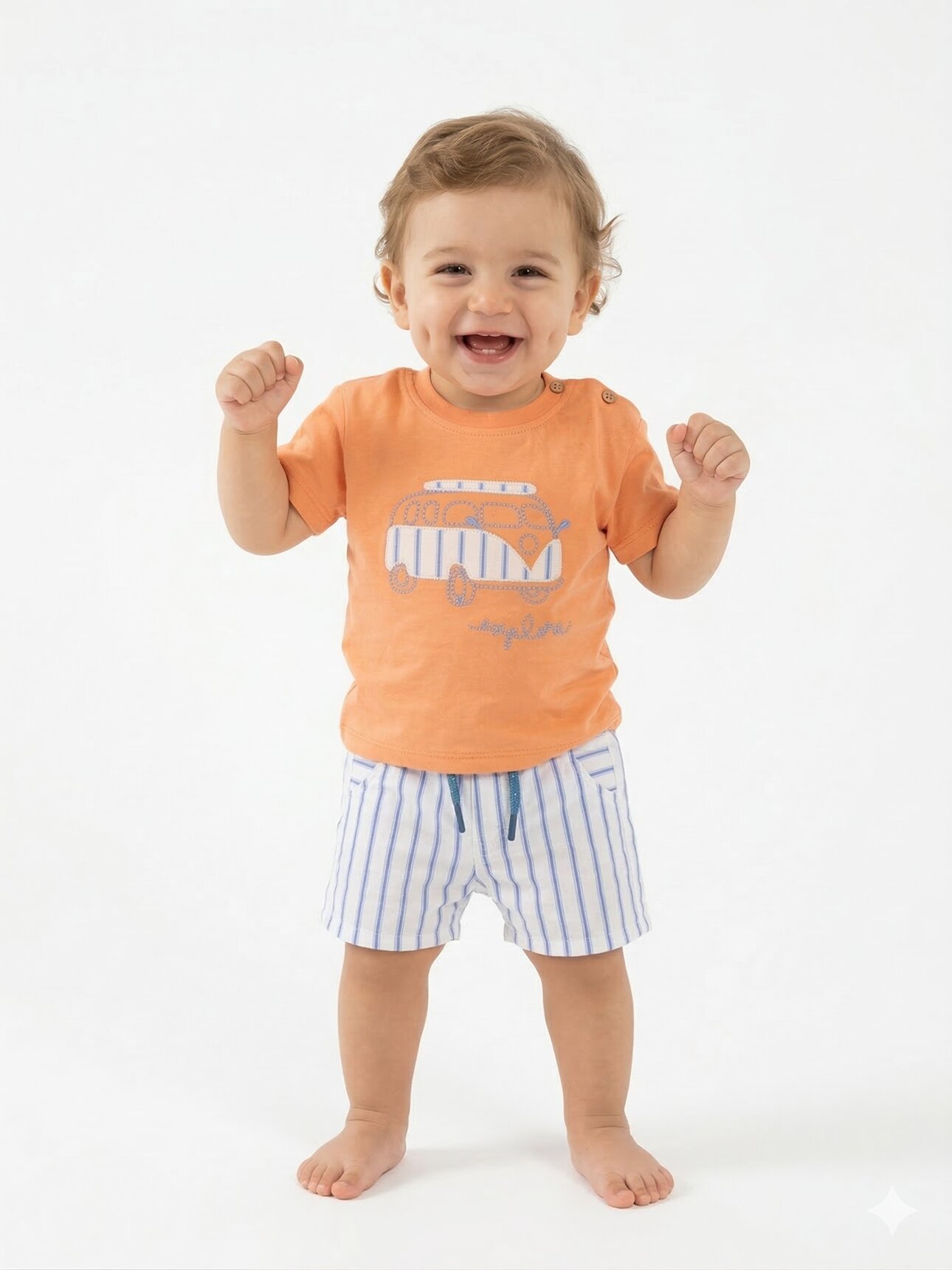 Pamuklu Karavan Detaylı Şeritli Poplin Kumaş Şortlu Erkek Bebek 2li Takım