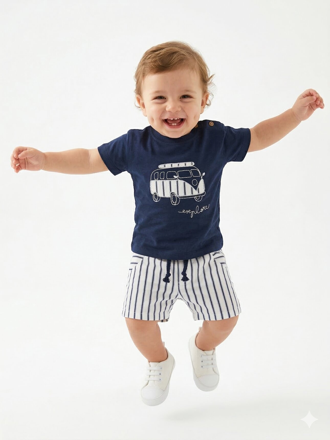 Pamuklu Karavan Detaylı Şeritli Poplin Kumaş Şortlu Erkek Bebek 2li Takım