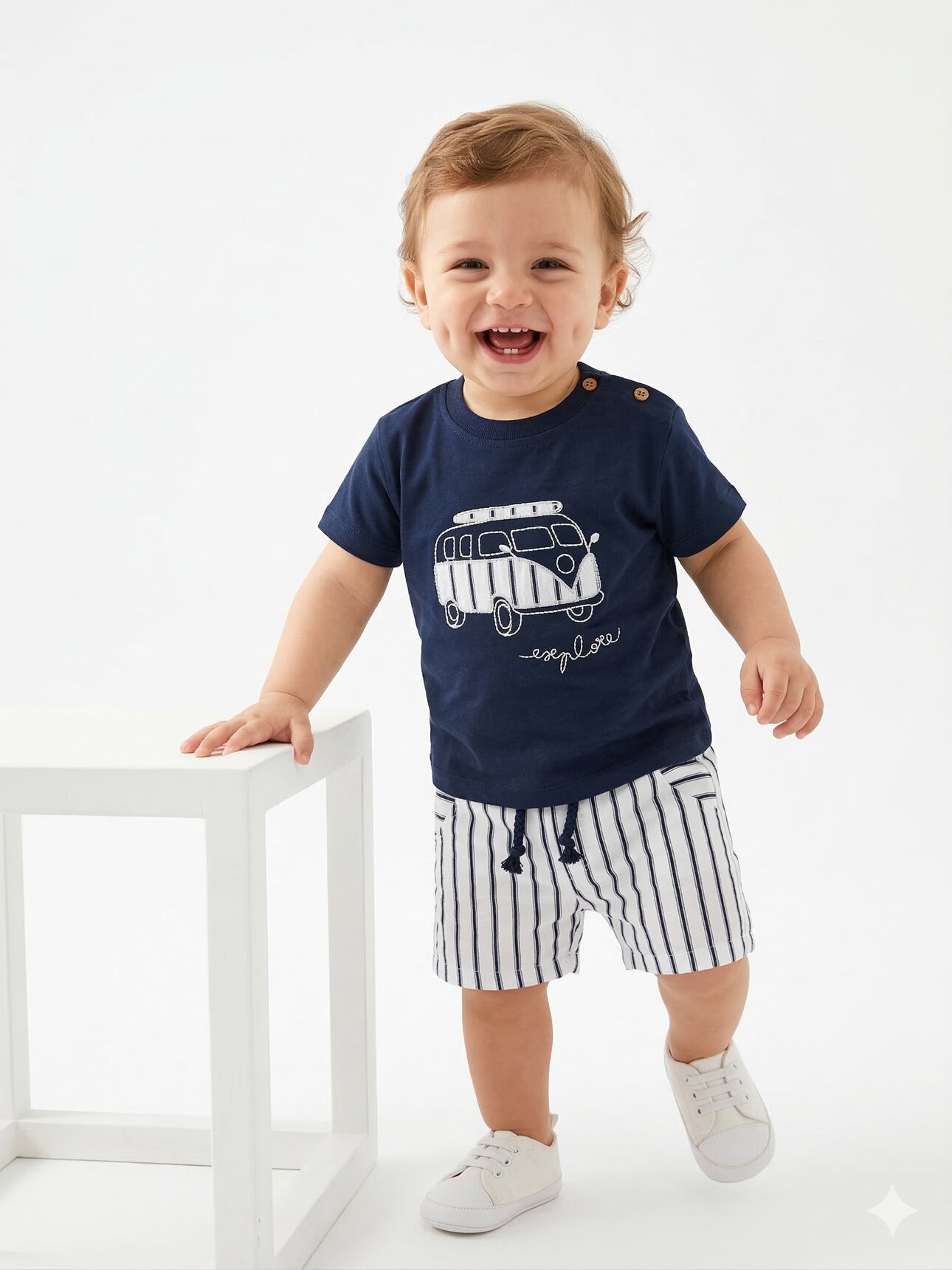 Pamuklu Karavan Detaylı Şeritli Poplin Kumaş Şortlu Erkek Bebek 2li Takım