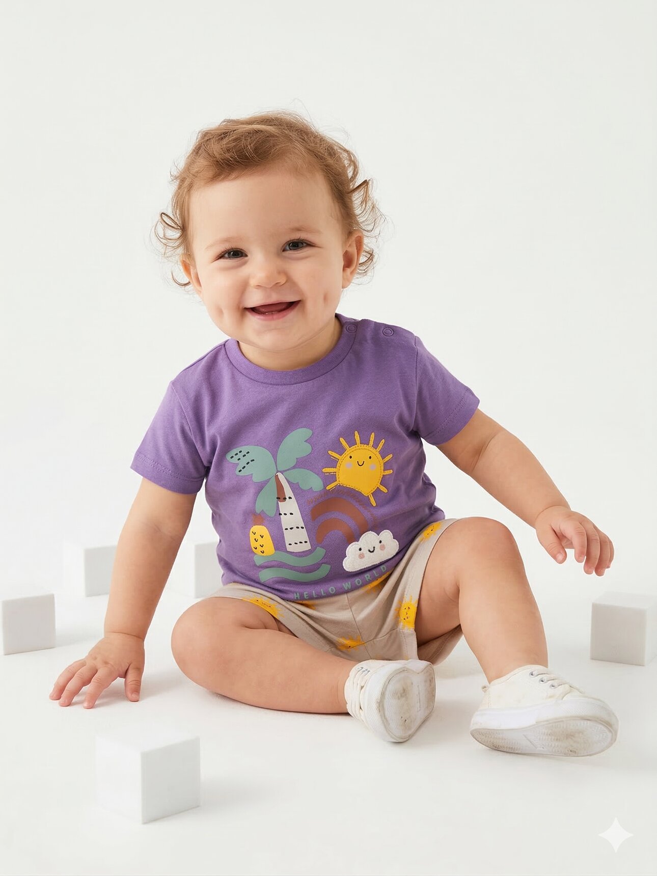 Pamuklu Organik Güneşli Renkli Desenli Kız Bebek 2li Şortlu Takım