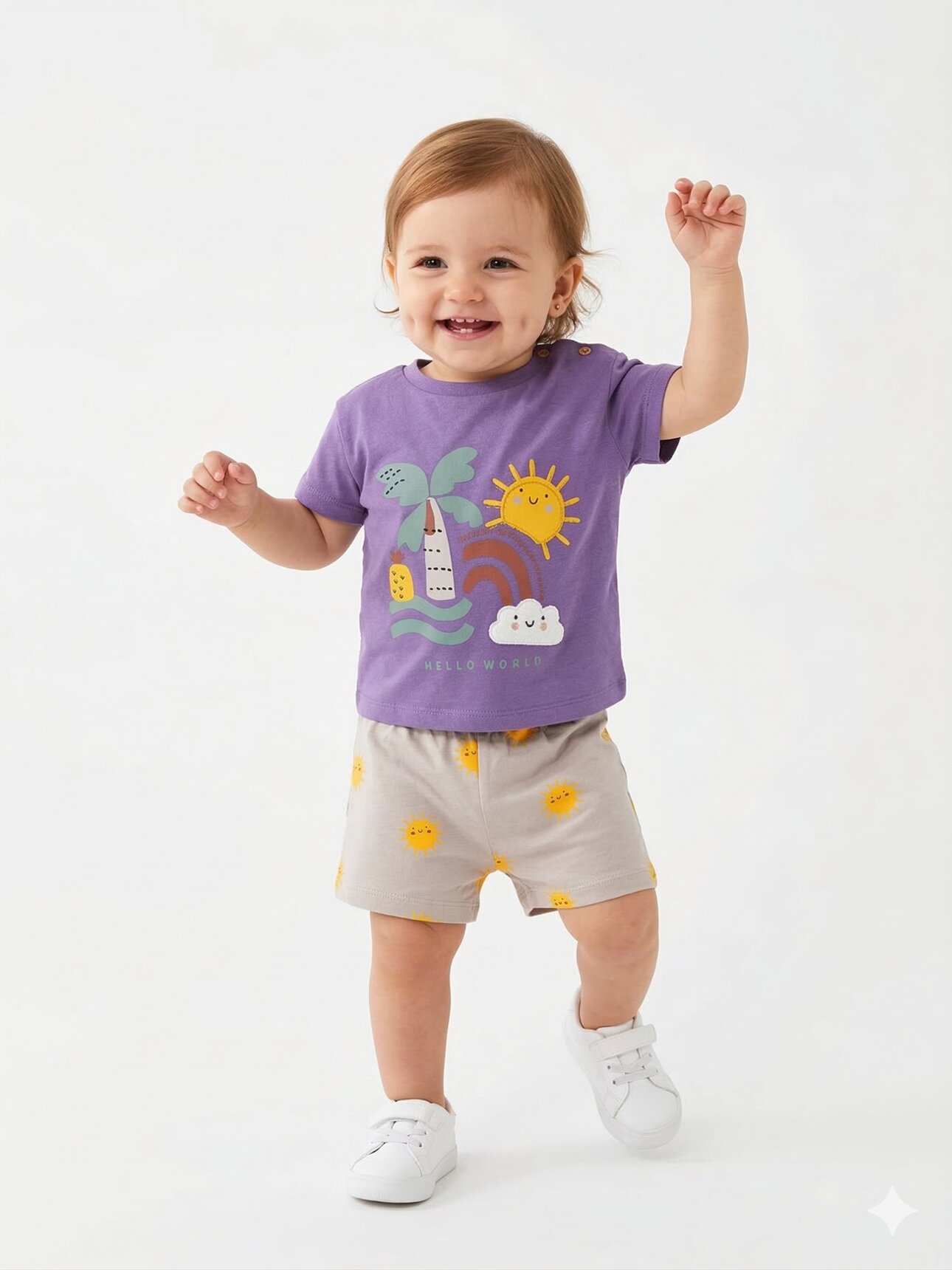 Pamuklu Organik Güneşli Renkli Desenli Kız Bebek 2li Şortlu Takım