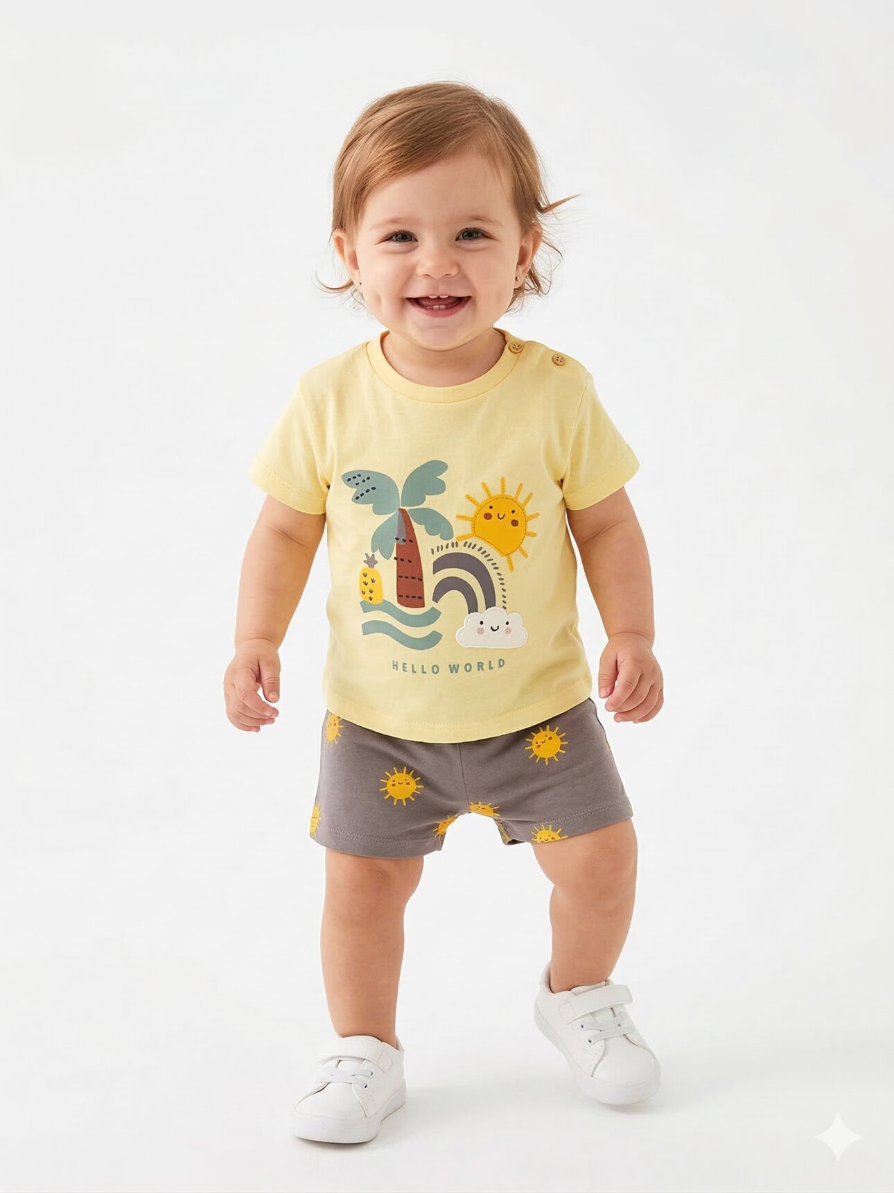 Pamuklu Organik Güneşli Renkli Desenli Kız Bebek 2li  Şortlu Takım