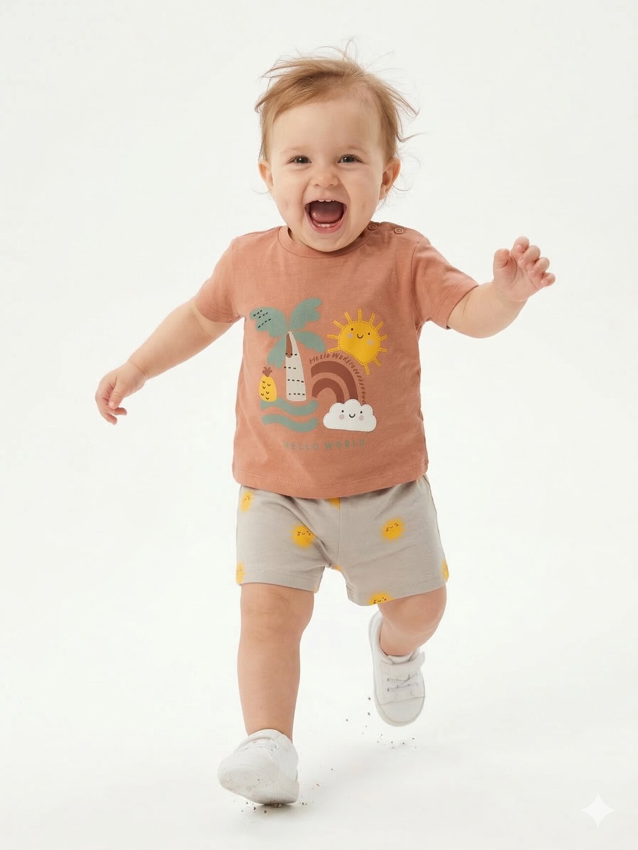 Pamuklu Organik Güneşli Renkli Desenli Kız Bebek 2li Şortlu Takım