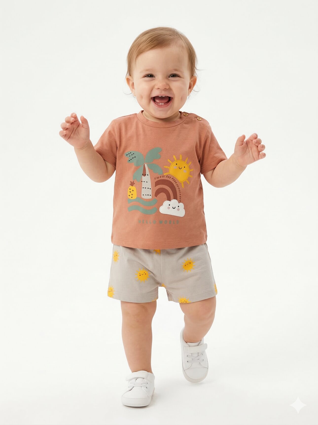 Pamuklu Organik Güneşli Renkli Desenli Kız Bebek 2li Şortlu Takım
