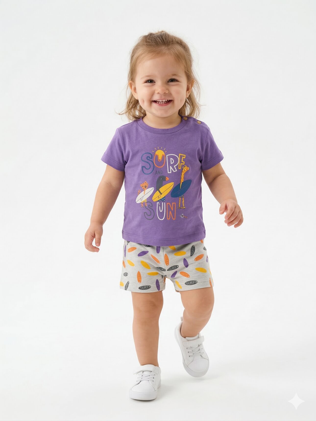 Organik Pamuklu Surf Detaylı Kız Bebek 2li Takım