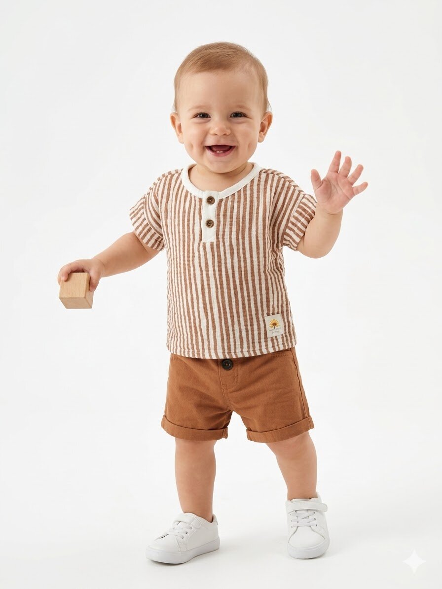 Pamuk Çizgili Müslin Tshirt Keten Şortlu Erkek Bebek 2li Takım