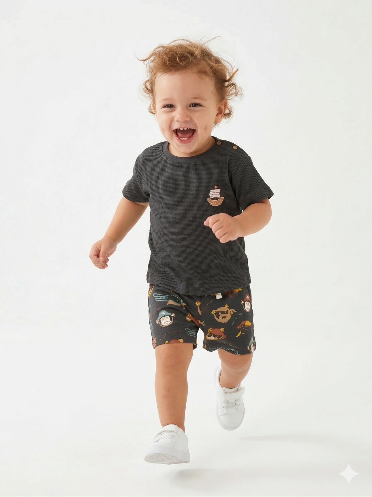 Pamuk Yelken Nakış Detaylı Waffle Kumaş Şortlu Erkek Bebek 2li Takım