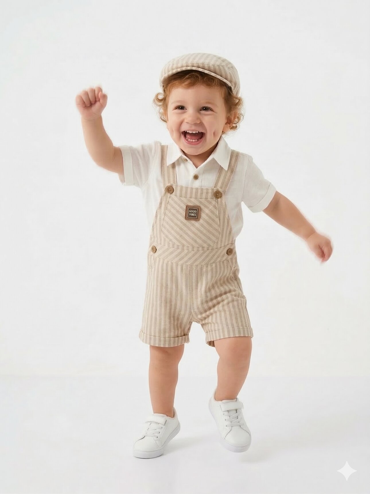 Pamuklu Şeritli Gömlekli Şapkalı Salopet Şortlu Tulum Erkek Bebek 3lü Takım