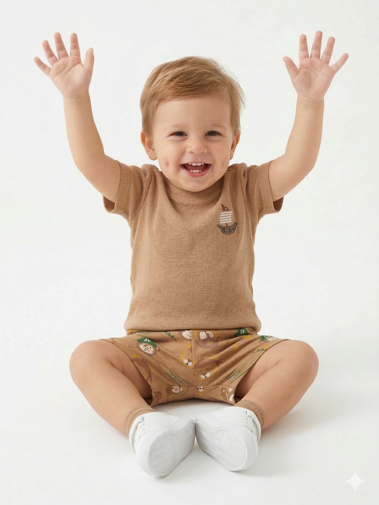 Pamuk Yelken Nakış Detaylı Waffle Kumaş Şortlu Erkek Bebek 2li Takım