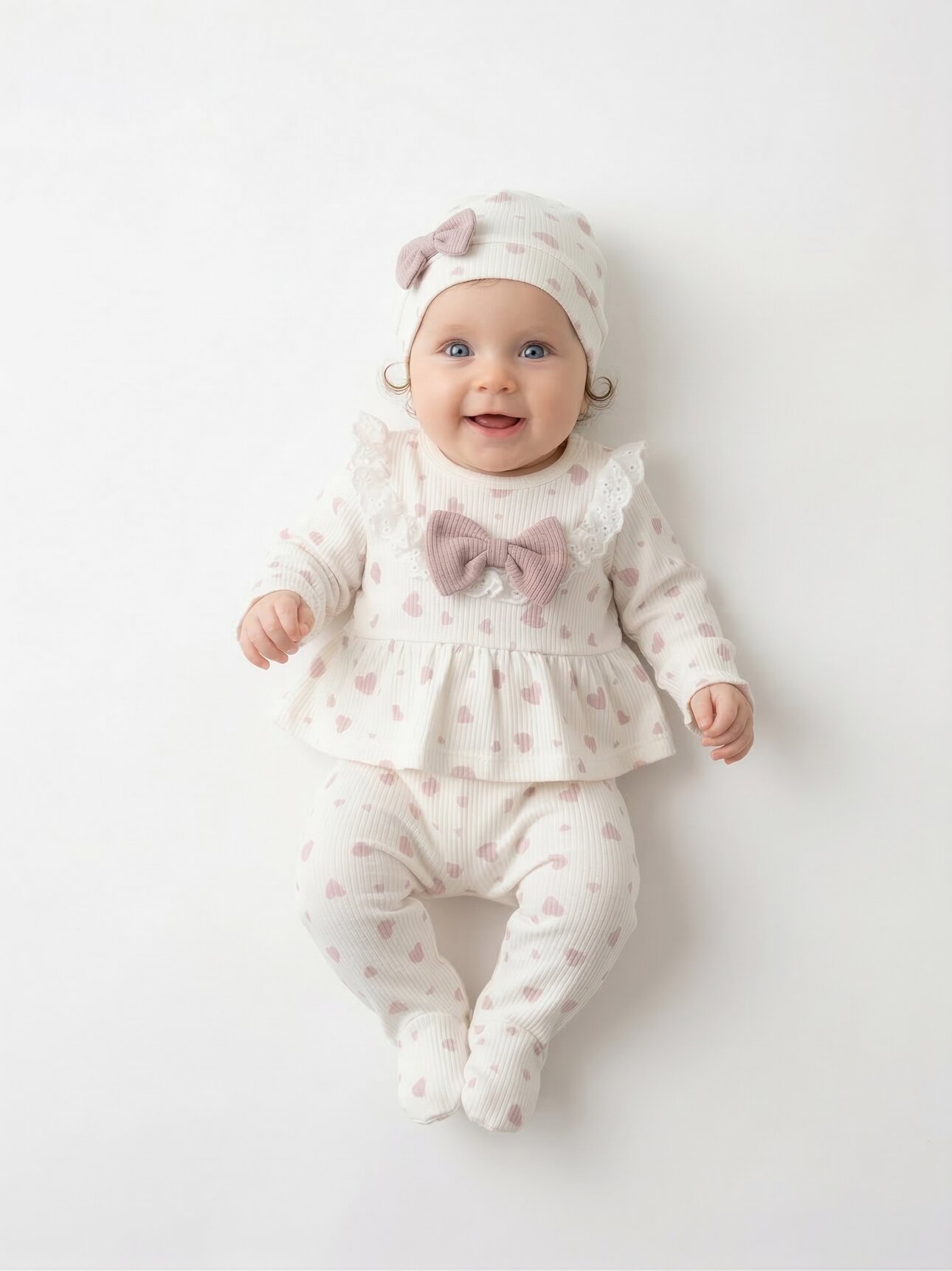 Pamuklu Kalp Desenli 3lü Kız Hastane Çıkış