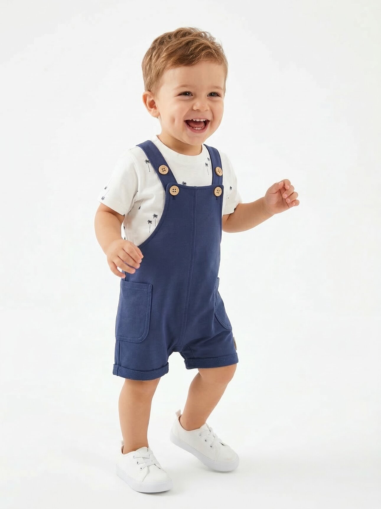 Pamuklu Palmiye Desenli Tulum ve Tişört 2li Erkek Bebek Takım