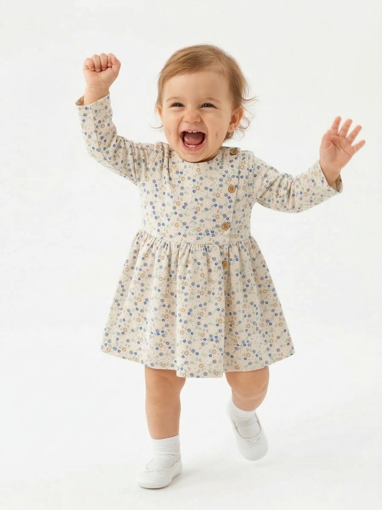 Pamuklu Çiçek Desenli Düğmeli Uzun Kollu Elbise Kız Bebek