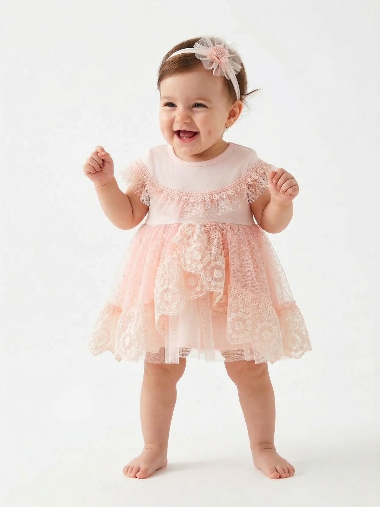 Pamuklu Dantel Detaylı Bandanalı 2li  Kız Bebek  Elbise