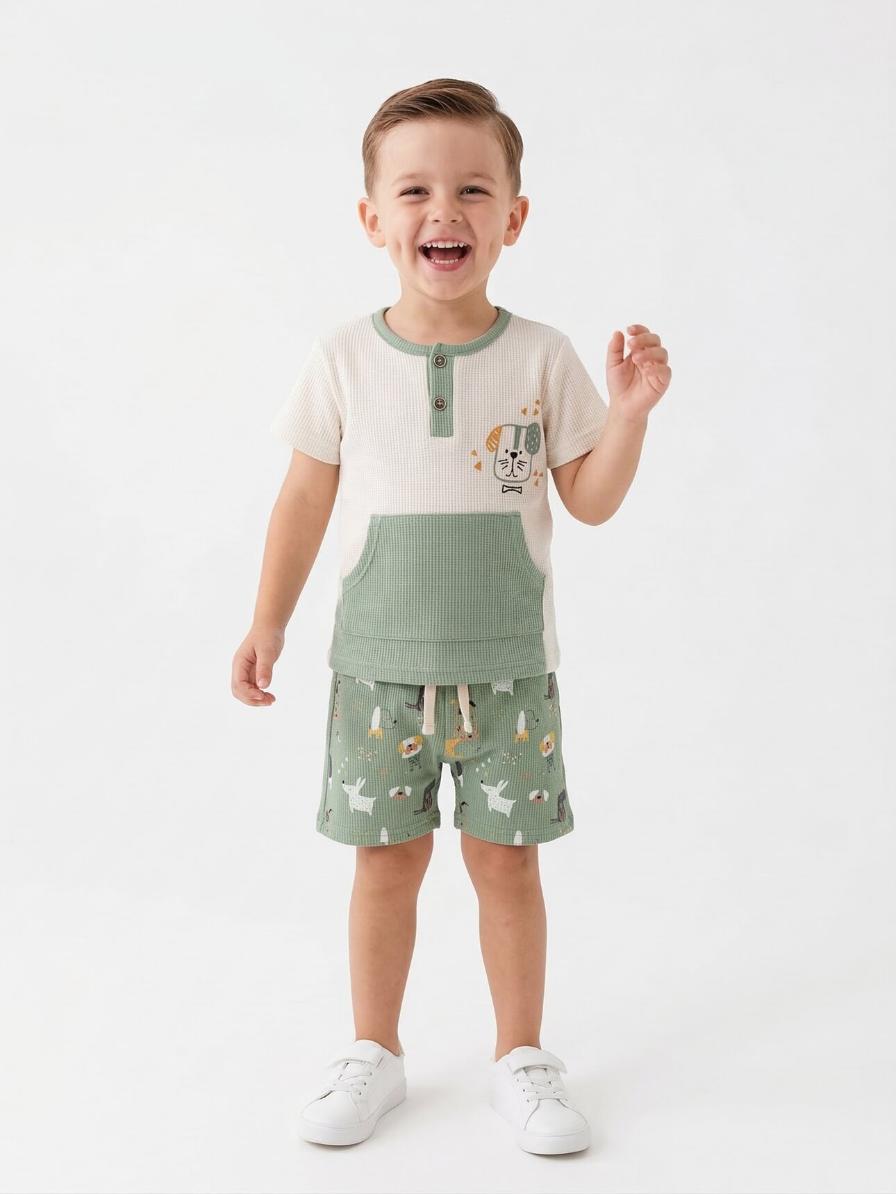 Pamuklu Hayvan Desenli Erkek Çocuk 2li Takım