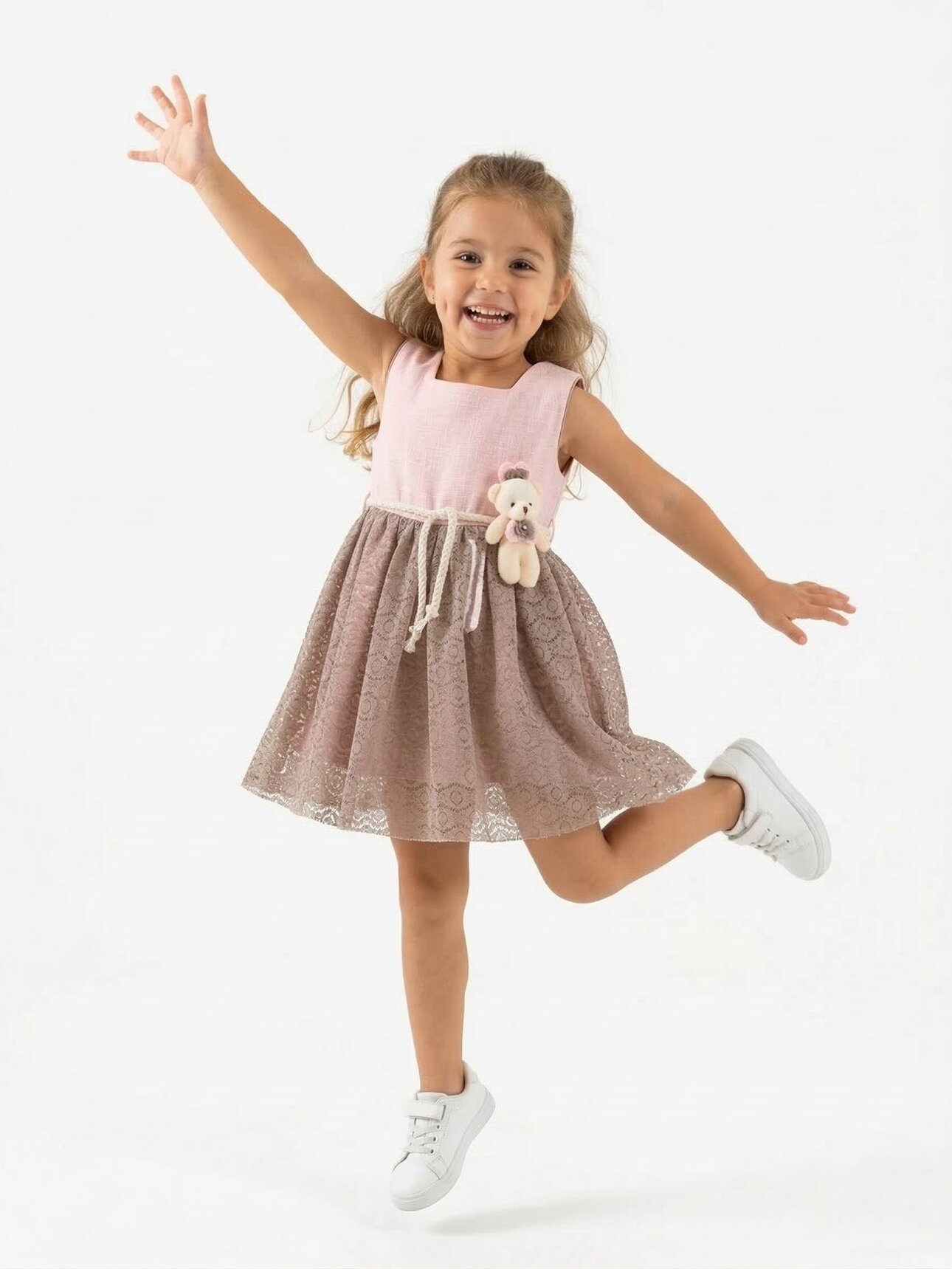 Pamuklu Keten Güpür Etekli Ayıcık Aksesuarlı Kız Bebek Elbise