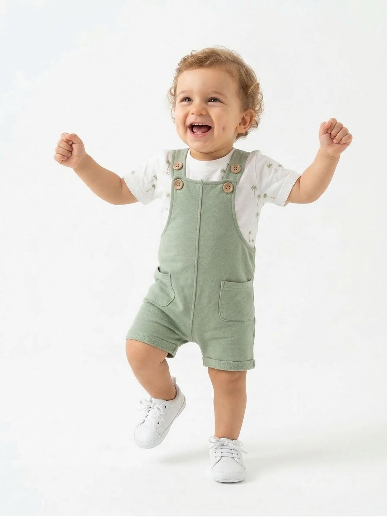 Pamuklu Palmiye Desenli Tulum ve Tişört 2li Erkek Bebek Takım