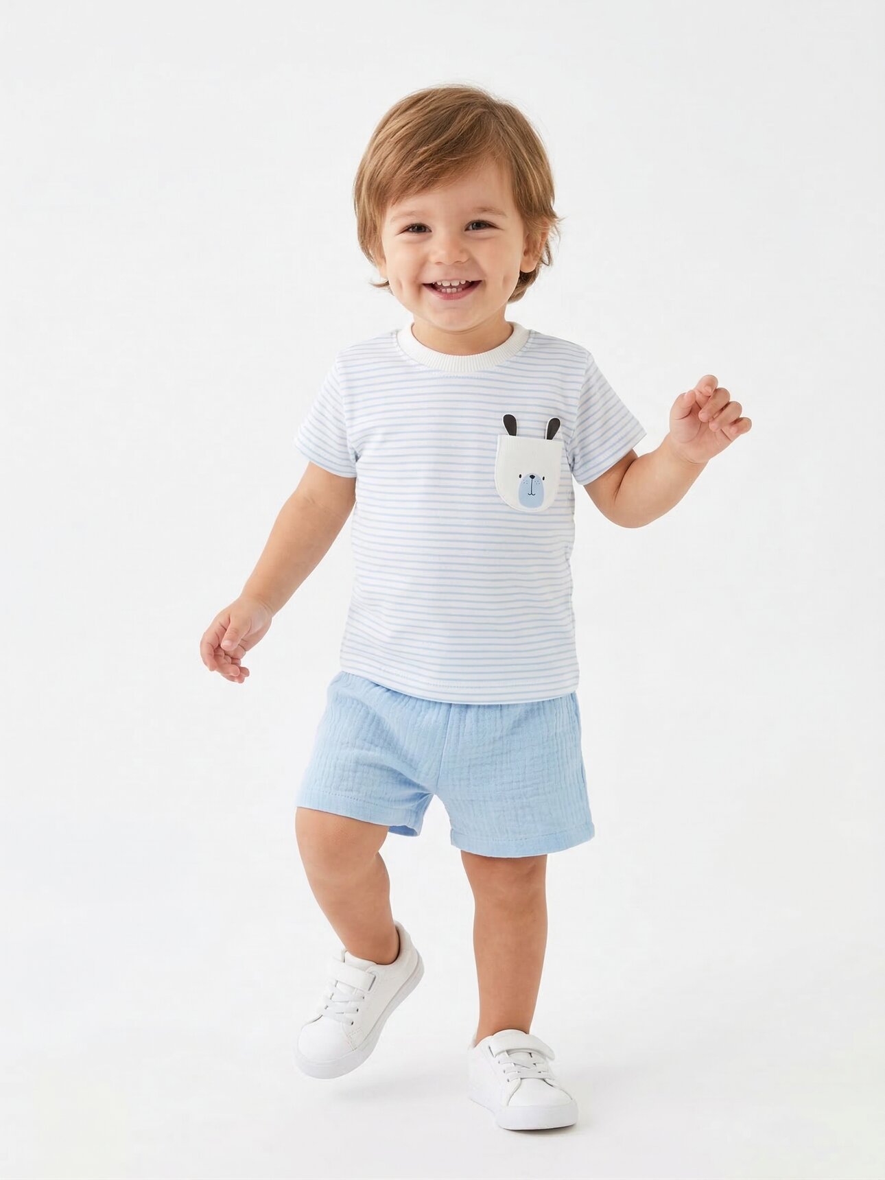 Pamuklu Sevimli Ayıcık Cep Detaylı Organik Müslin Şortlu Erkek Bebek 2li Şortlu Takım